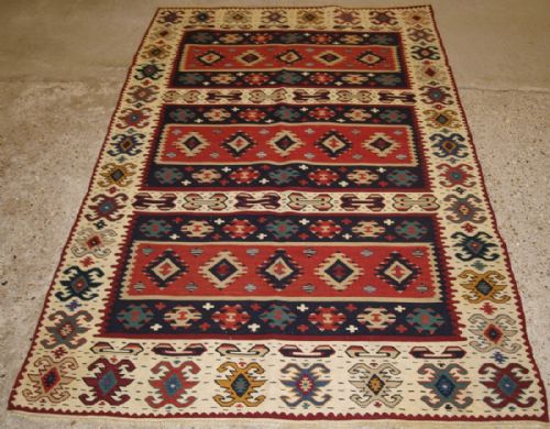 Old Turkish Sarkoy Kilim Rug, Ivory Border, Banded Design, Circa 1920.