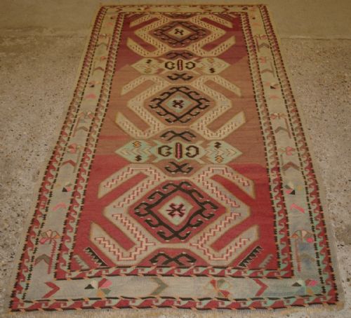 Old Caucasian Kilim Rug, Classic Lenkoran Village Design, with Soft Faded Colours. Circa 1920.