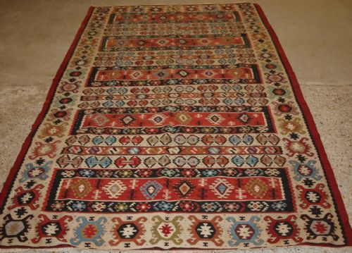 Old Turkish Sarkoy Kilim Rug, Ivory Border, Banded Design, Superb Colours, Circa 1920.