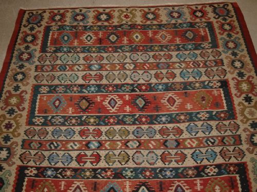 fig 1. OLD TURKISH SARKOY KILIM RUG, IVORY BORDER, BANDED DESIGN, SUPERB COLOURS, CIRCA 1920.