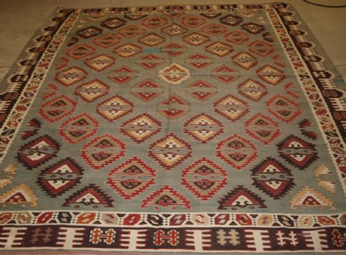 Antique Turkish Sarkoy Kilim Rug, Rare Design on Soft Powder Blue Ground, Circa 1900.