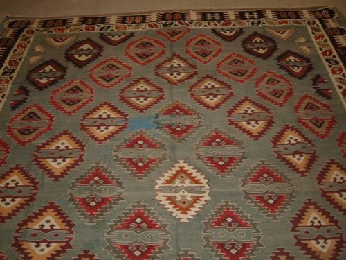 fig 1. ANTIQUE TURKISH SARKOY KILIM RUG, RARE DESIGN ON SOFT POWDER BLUE GROUND, CIRCA 1900.