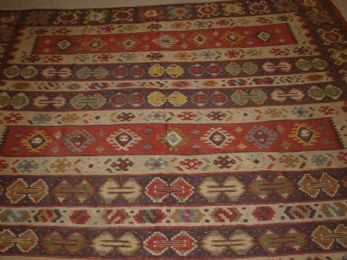 fig 1. OLD TURKISH SARKOY KILIM RUG, TRADITIONAL BANDED DESIGN, VERY SOFT COLOURS, CIRCA 1920.