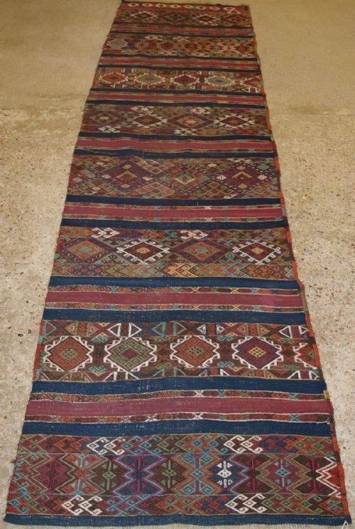 Old Turkish Malayta Kilim Rug Runner in Embroidered Weave, Traditional Village Design, Circa 1920.
