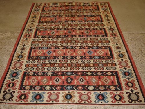 Old Turkish Sarkoy Kilim Rug, Traditional Banded Design, Very Soft Pink Colours, Circa 1920.