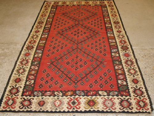 Old Turkish Sarkoy Kilim Rug, Traditional Design on Soft Red Ground, Good Ivory Border, Circa 1920.