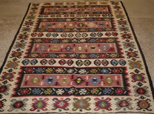 Old Turkish Sarkoy Kilim Rug, Traditional Banded Design, Pleasing Soft Colours, Circa 1920.