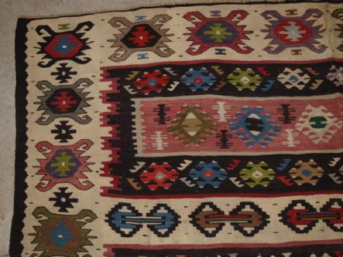 fig 1. OLD TURKISH SARKOY KILIM RUG, TRADITIONAL BANDED DESIGN, PLEASING SOFT COLOURS, CIRCA 1920.