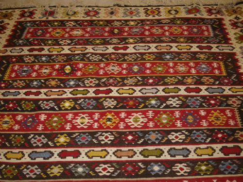 fig 1. OLD TURKISH SARKOY KILIM RUG, TRADITIONAL BANDED DESIGN, BOLD CLEAR COLOURS, CIRCA 1920.
