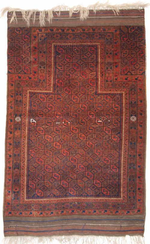 Antique Baluch Prayer Rug with 'Tile' Design, Long Kilim Ends, Late 19th Century.