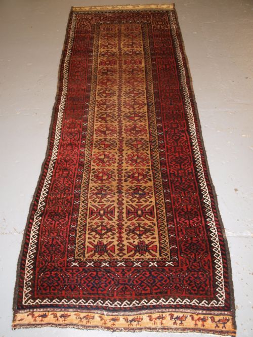 Antique Baluch Runner, Camel Ground with Birds at Each End. Circa 1900.