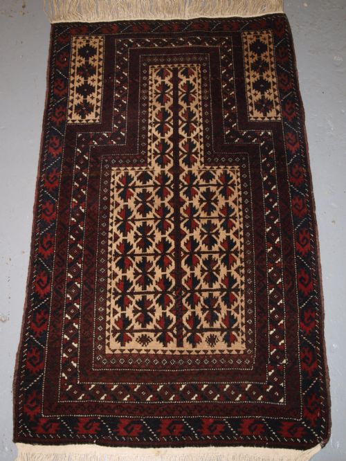 Old Afghan Baluch Camel Ground Prayer Rug with Tree of Life, Great Condition, Circa 1920.