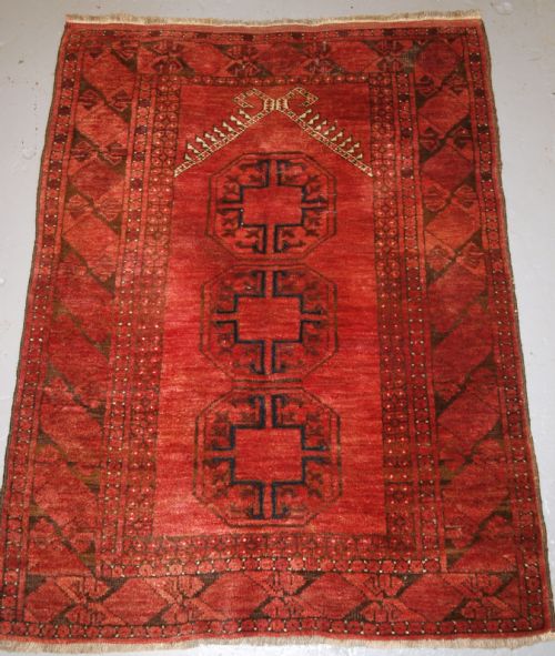 Old Afghan Village Prayer Rug with Turkmen Design, Rams Horn Mihrab, Circa 1920.