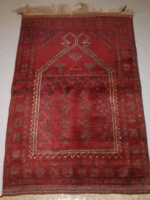 Afghan Village Prayer Rug with Rams Horn Mihrab, Circa 1920.