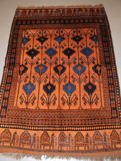 Old Afghan Village Rug of Scarce Camel and Poppy Design, Superb Rug, Circa 1920.