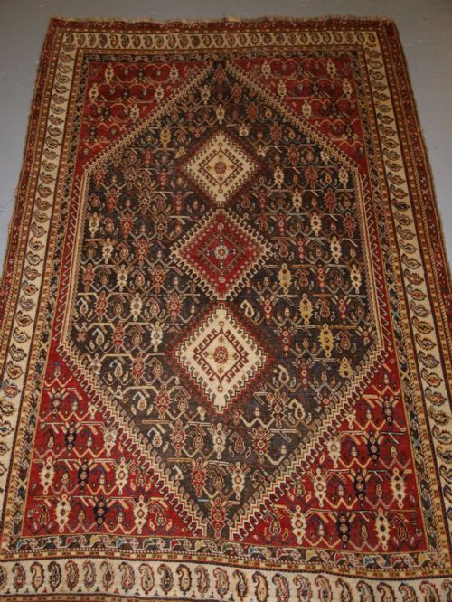 Antique South West Persian Tribal Qashqai Rug, Triple Medallion, Circa 1880.