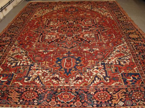 fig 1. ANTIQUE PERSIAN HERIZ CARPET WITH SUPERB COLOURS, SQUARE SIZE, IDEAL FURNISHING CARPET, CIRCA 1900.