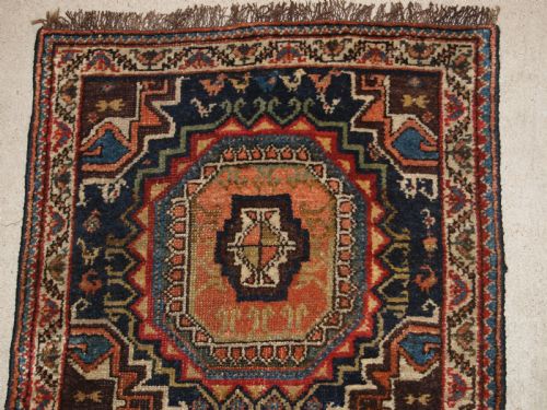 fig 1. ANTIQUE PERSIAN RUNNER BY THE LURI TRIBE, UNUSUAL DESIGN WITH TURKMEN GULS, NARROW SMALL SIZE, CIRCA 1900.