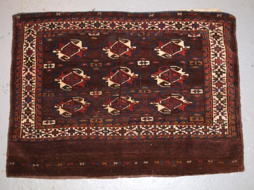 Antique Yomut Turkmen 9 Gul Chuval with Plain Weave Back, Late 19th Century.