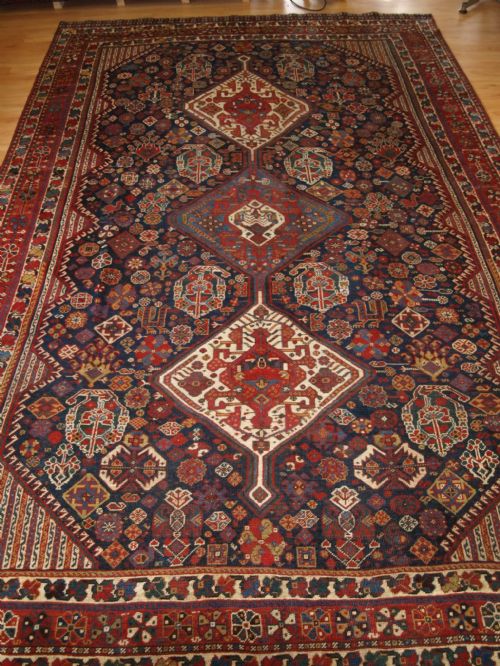 fig 1. ANTIQUE SOUTH WEST PERSIAN TRIBAL CARPET BY THE KHAMSEH TRIBE, BEAUTIFUL TRIBAL DESIGN, CIRCA 1890.