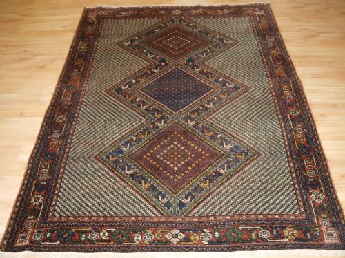 Old Khamseh Rug, Triple Medallion with Birds, Circa 1920.