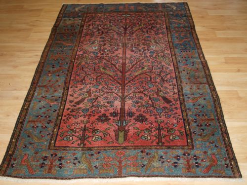 fig 1. OLD NORTH WEST PERSIAN HAMADAN RUG, PARADISE GARDEN DESIGN, TREE WITH BIRDS, CIRCA 1920.