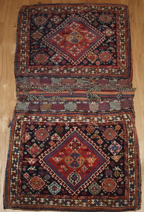 Antique Complete Qashqai Khorjin Saddle Bags of Large Size with Plain Weave Back, Circa 1900.