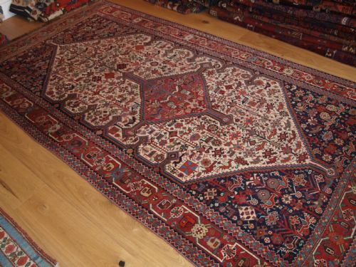 fig 1. ANTIQUE SOUTH WEST PERSIAN TRIBAL KHAMSEH BIRD RUG, OUTSTANDING CONDITION, CIRCA 1880.