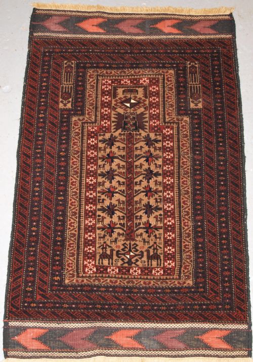 Old Baluch Prayer Rug, Tree of Life, Camel Ground, Great Condition, Circa 1920/30.