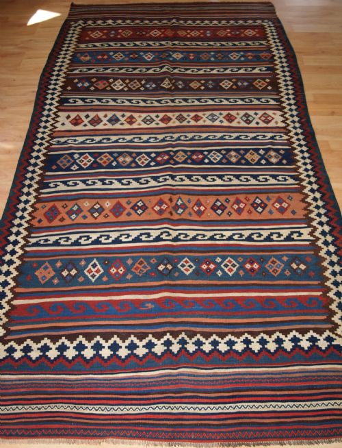 Antique Varamin Region Kilim with Banded Design, Circa 1900.