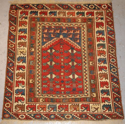 Antique Turkish Bergama Region Prayer Rug of Small Square Size, Late 19th Century.