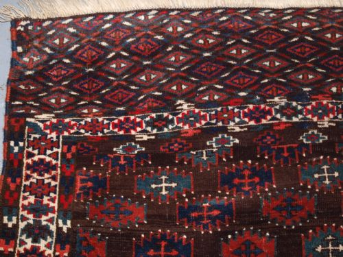 fig 1. ANTIQUE YOMUT TURKMEN MAIN CARPET, UNUSUAL DESIGN, SMALL SIZE, CIRCA 1880.
