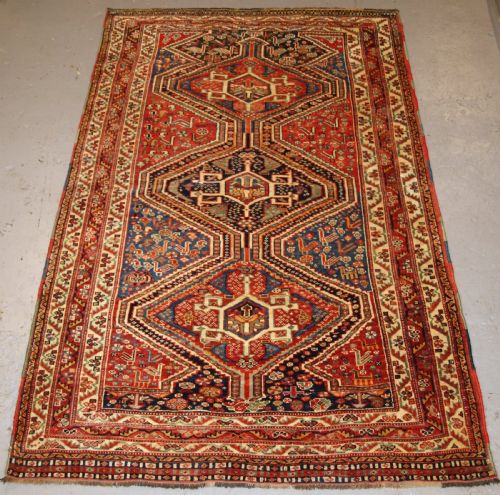 Antique Tribal Qashqai Rug, Triple Medallion with Superb Colour, Late 19th Century.