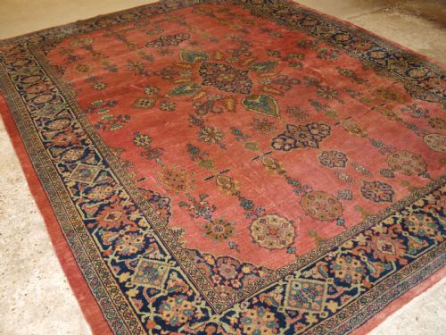Antique Persian Ziegler Mahal, Rose Coral Ground, Small Medallion Design, Late 19th Century.