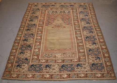Antique Turkish Ghiordes Prayer Rug, Green Ground, Early Form, Circa 1750.