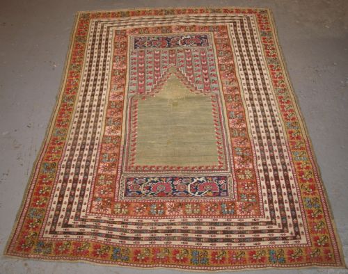 Antique Turkish Ghiordes Prayer Rug, Multiple Borders, Green Field, Circa 1800.
