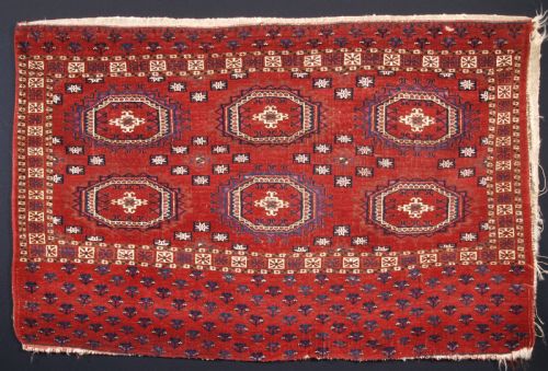 Antique Tekke Turkmen Chuval, Silk and Cotton Highlights, Salor Guls, Circa 1825.