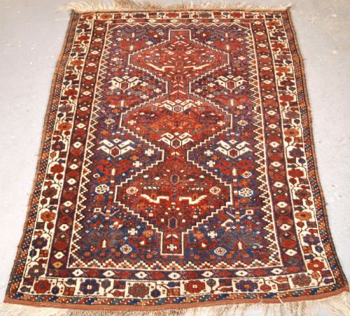 Old Khamseh Tribal Rug, Tribal Design, Small Size, Circa 1920.