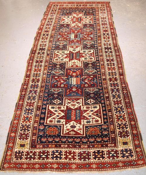Antique Caucasian Shirvan Baku Long Rug Runner, Star Design, Circa 1880.