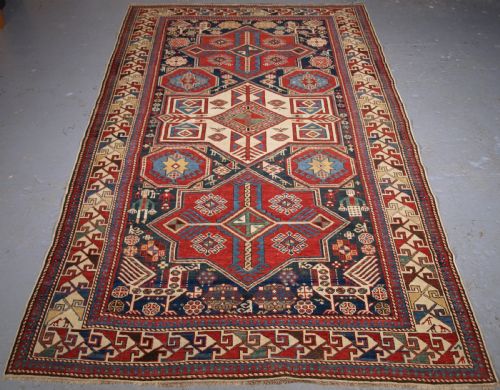 fig 1. ANTIQUE CAUCASIAN SHIRVAN AKSTAFA STAR MEDALLION RUG, SUPERB, CIRCA 1880.