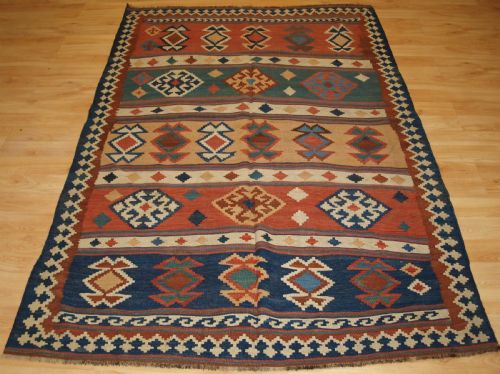 Antique Qashqai Tribal Kilim with Banded Design, Circa 1900.