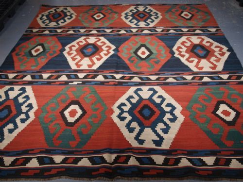 Antique South Caucasian Shirvan Banded Kilim, Bold Design, Circa 1900.