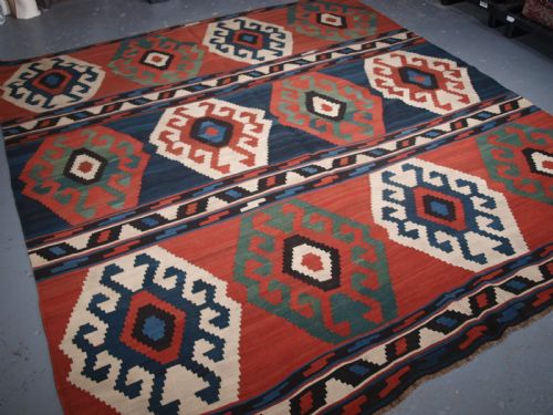 fig 1. ANTIQUE SOUTH CAUCASIAN SHIRVAN BANDED KILIM, BOLD DESIGN, CIRCA 1900.