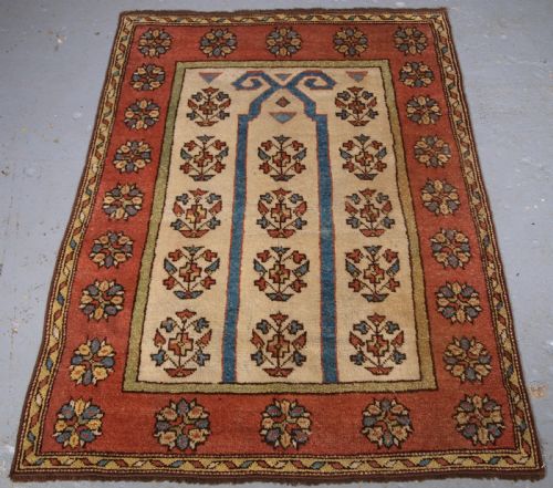 Antique Turkish Manastir Prayer Rug, Rams Horn Mihrab, Circa 1900.