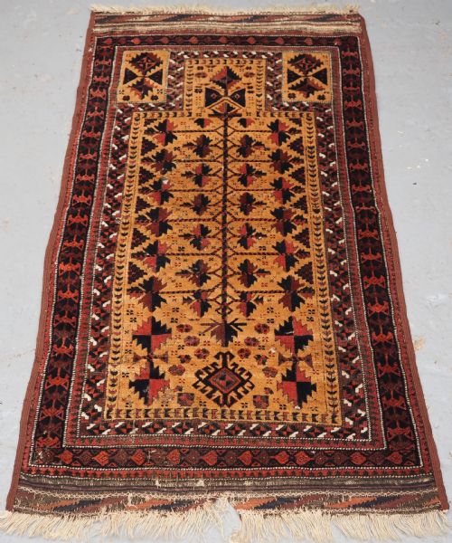 Antique Sarakh Baluch Prayer Rug, Camel Ground Tree of Life, Circa 1880.