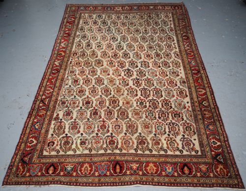 Antique Tribal Qashqai Kashkuli Rug, Scarce Ivory Ground with Boteh, Circa 1870/80.