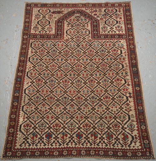 Antique Caucasian Daghestan Prayer Rug, Ivory Ground Lattice, Circa 1880.
