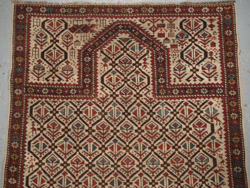 fig 1. ANTIQUE CAUCASIAN DAGHESTAN PRAYER RUG, IVORY GROUND LATTICE, CIRCA 1880.