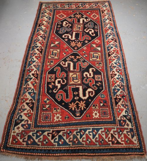 Antique Caucasian Cloudband Chondzoresk Kazak Long Rug, Circa 1890.