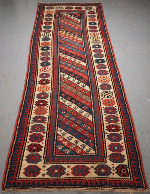 Antique Caucasian Gendje Runner with Diagonal Stripe Design, Circa 1880.